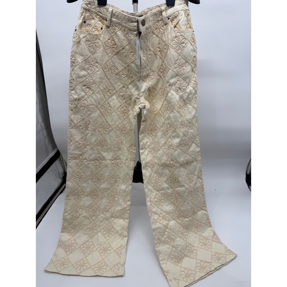Nasty Gal Floral Embroidered Quilted Wide Leg Jeans Cream Ecru Cotton Size 12